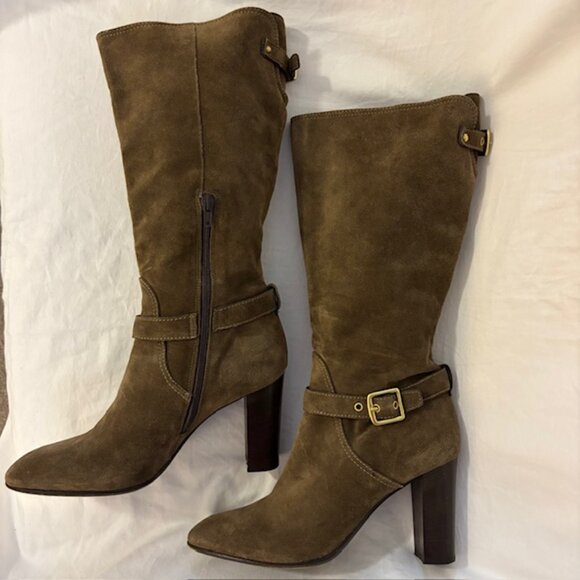 Coach "Robynn" Suede Mid Calf Ankle Zip Heeled Boots in Flint, Size 9B - Picture 1 of 13